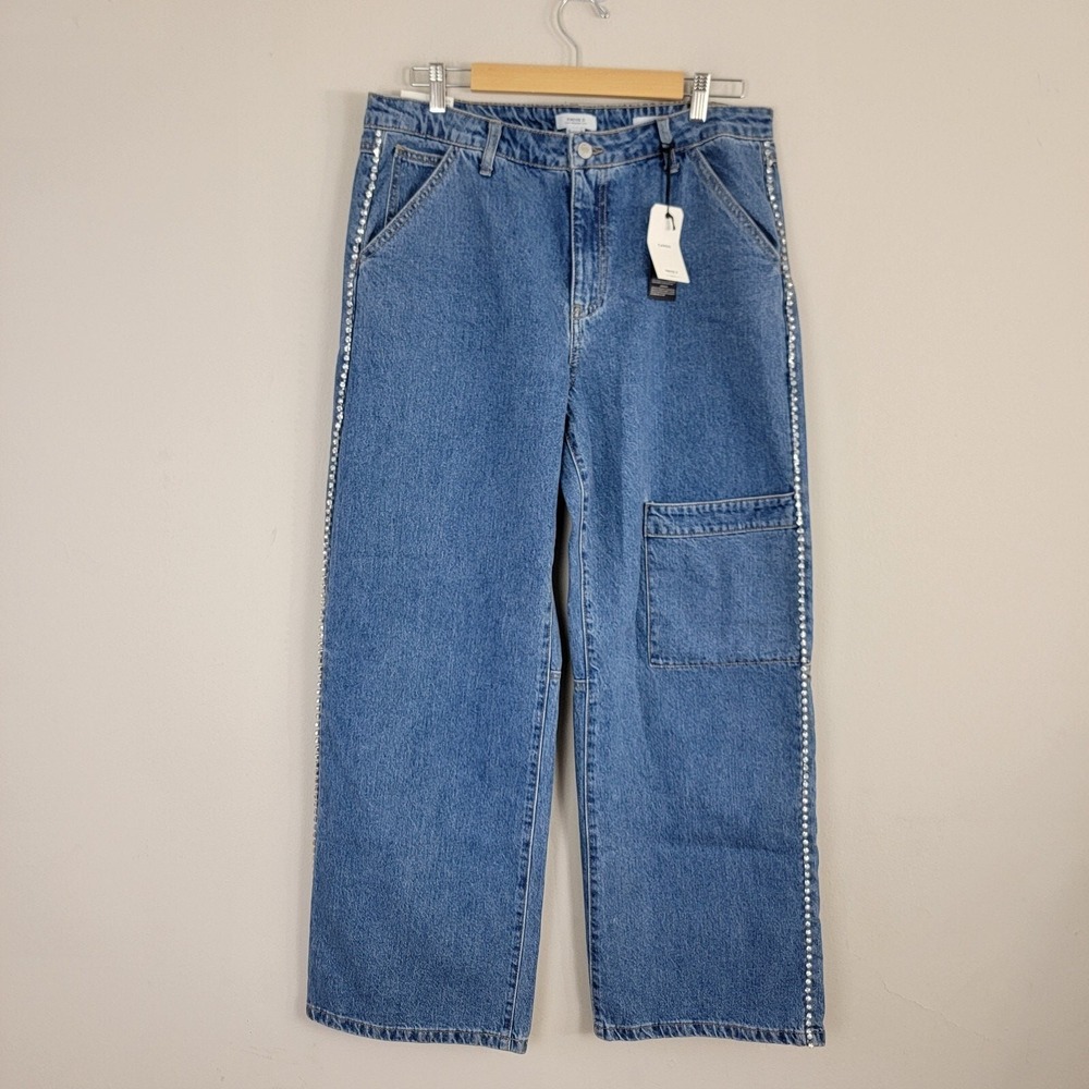 Forever 21 Jeans Women 31‎ Blue Studded Leg Cargo Baggy Straight Leg High Rise